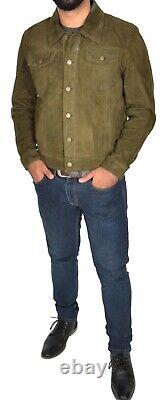 Mens Soft Suede Trucker Jacket Fitted Biker Denim Style Black Burgundy Olive Tan