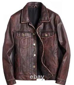 Mens Trucker Brown Real Genuine Leather Biker Cafe Racer vintage Jacket