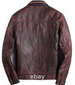 Mens Trucker Brown Real Genuine Leather Biker Cafe Racer vintage Jacket