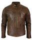 Mens Vintage Biker Style Moto Biker Cafe Racer Brown Distressed Leather Jacket
