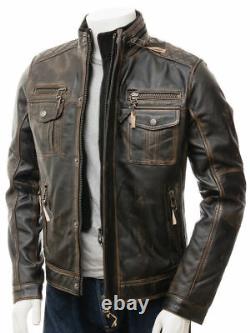 Mens Vintage Distressed Faded Seams Cafe Racer Cowhide Leather Jacket