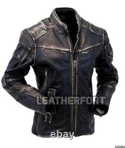 Mens Vintage Rivet Black Distressed Motorcycle Real Leather Jacket