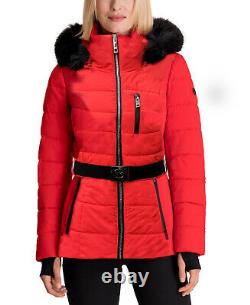Michael Kors Women Quilted Jacket MK Down Faux Fur Hooded Red Puffer Coat Size M