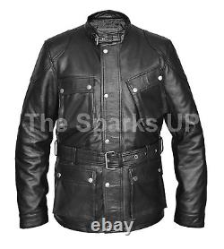 Military Field Benjamin Belt Casual Motorcycle Retro Panther Black Leather Coat