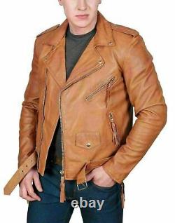 Motorcycle Genuine Biker Men Leather Decent Tan Lambskin Festive Jacket