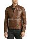 New Design Men Authentic Lambskin Real Leather Jacket Brown Neck Belt Biker Coat