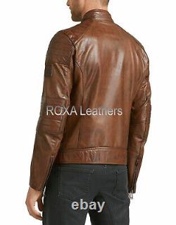 NEW Design Men Authentic Lambskin Real Leather Jacket Brown Neck Belt Biker Coat
