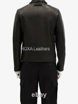 NEW Men Genuine Lambskin Real Leather Jacket Biker Black Stylish Collar Zip Coat