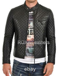 NEW Men's Genuine Lambskin Real Leather Jacket Black Designer Biker Quilted Coat