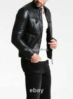 NEW Modern Men Soft Genuine Lambskin Real Leather Jacket Black Biker Outfit Coat