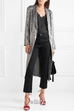 NWT Alice + Olivia $895 Small US 4 8 Long Silver Grey Sequin Blazer Jacket NEW
