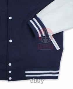 Navy Blue Wool White Leather Varsity Baseball Letterman Jacket