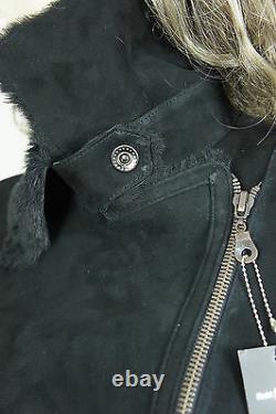 New 100% Real Genuine Shearling Suede Leather Black Coat Jacket Fur Warm, Xs-6xl