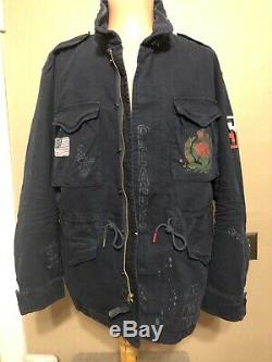 New $500 Polo Ralph Lauren Hippy War Peace Army Jacket Hoodie Blue XXL 2X