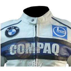 New BMW Compaq Genuine Cowhide White Leather Motorcycle Racing Biker Jacket