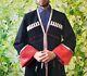 New Black Chokha Cossack & Caucasus Traditional Red Wool Cuffs Coat Men Fastship