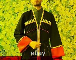 New Black Chokha Cossack & Caucasus Traditional Red Wool Cuffs Coat Men FastShip