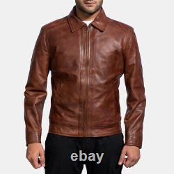 New Brown Inferno Genuine Vintage Leather Jacket With Collar For Men