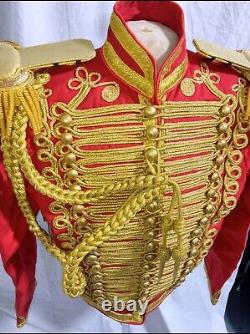 New General Hussar Men Red Jacket gold cord braids, front back, sleeves Fast Ship