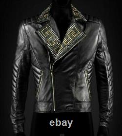 New Genuine Men Leather Gold Sliver Jacket Studded Black With Slashed Pockets