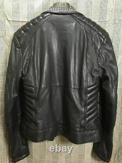 New Genuine Men Leather Gold Sliver Jacket Studded Black With Slashed Pockets