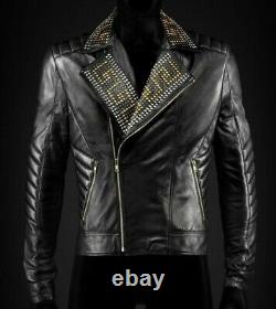 New Genuine Men Leather Gold & Sliver Studded Jacket Black With Slashed Pockets
