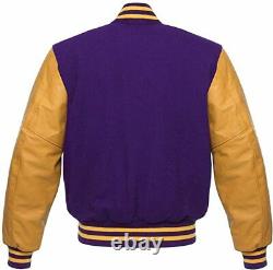 New Gold Sleeves Letterman Varsity Jacket Genuine Cow Leather and Original Wool