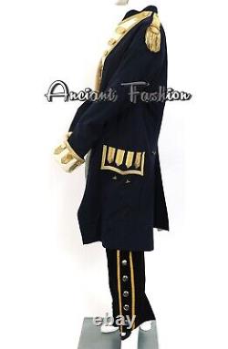 New Men 19thc Style Navy Blue wool Miltary Custom Made Jacket & chap Fast ship
