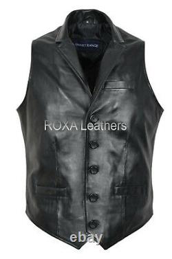 New Men Outerwear Genuine Sheepskin Leather Waist Jacket Button Black Vest Coat