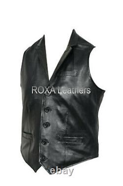 New Men Outerwear Genuine Sheepskin Leather Waist Jacket Button Black Vest Coat
