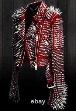 New Men Red Punk Full Long Silver Spiked Studded Brando Style Leather Jacket