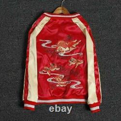 New Men Satin Embroidery Flight Jacket Japanese Style Coat Hot Red&Blue Jacket