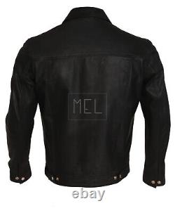 New Men's Black Sheepskin Leather Trucker Shirt Biker Button Jacket Jeans Style