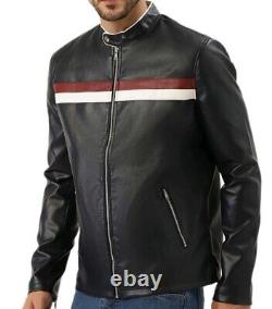 New Men's Black Striped Original leather Biker Motorcycle Jacket