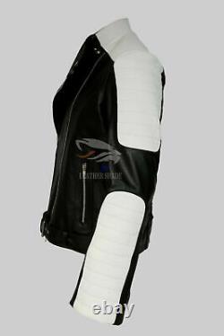 New Men's Brando Classic Biker White and Black Motorcycle Real Leather Jacket