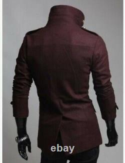 New Men's Burgundy Wool Trench Fashion Winter Casual Wool Jacket Fast Shipping