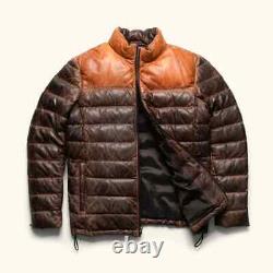 New Men's Double Shade Leather Jacket Puffer Fully Quilted Genuine Leather