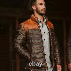 New Men's Double Shade Leather Jacket Puffer Fully Quilted Genuine Leather