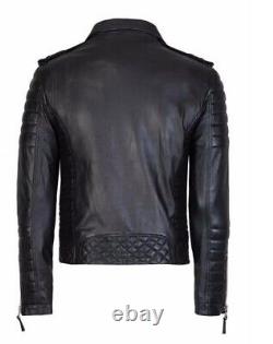 New Men's Genuine Lambskin Leather Jacket Black Slim fit Biker jacket BJ003