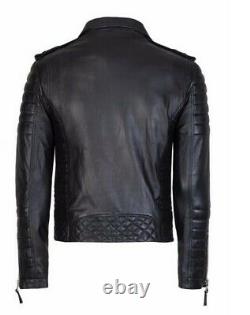 New Men's Genuine Lambskin Leather Jacket Black Slim fit Biker jacket BJ006