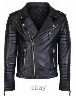 New Men's Genuine Lambskin Leather Jacket Black Slim fit Biker jacket BJ009