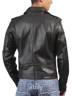 New Men's Genuine Lambskin Leather Jacket Black Slim fit Biker jacket BJ011