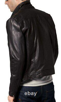 New Men's Genuine Lambskin Leather Jacket Black Slim fit Biker jacket BJ019
