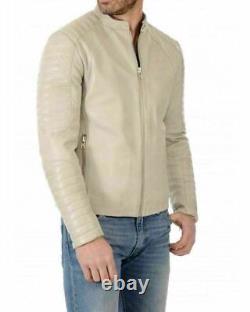 New Men's Genuine Lambskin Leather Jacket Creme Slim Fit Motorcycle Biker Jacket