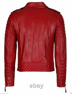 New Men's Genuine Lambskin Leather Jacket Red Slim fit Biker jacket BJ003