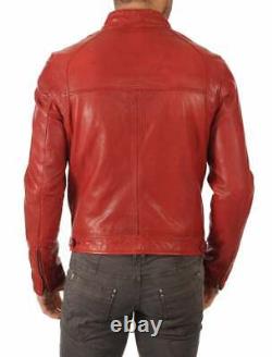 New Men's Genuine Lambskin Leather Jacket Red Slim fit Biker jacket BJ004