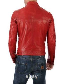 New Men's Genuine Lambskin Leather Jacket Red Slim fit Biker jacket BJ005