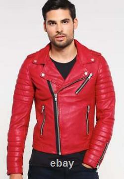 New Men's Genuine Lambskin Leather Jacket Red Slim fit Biker jacket BJ008