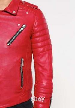 New Men's Genuine Lambskin Leather Jacket Red Slim fit Biker jacket BJ008