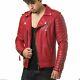 New Men's Genuine Lambskin Leather Jacket Red Slim Fit Biker Jacket Bj009